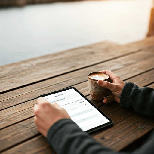 Kaffe og abooking på en tablet ved den fynske havnefront