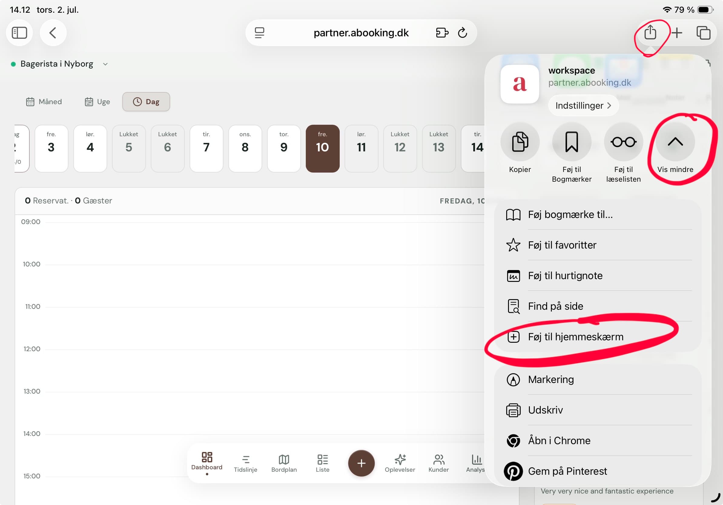 Skærmbillede fra iPad, der viser Del-knappen og menupunktet "Føj til hjemmeskærm" markeret i Safari
