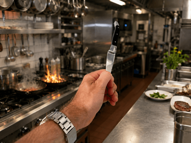 Kniv på spidsen under en travl restaurantservice