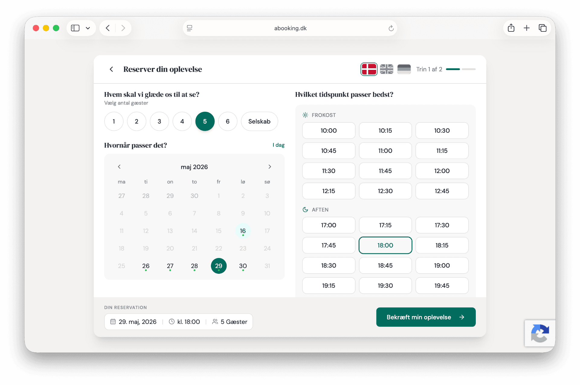 Gæstens booking-flow: vælg antal gæster, dato og tidspunkt