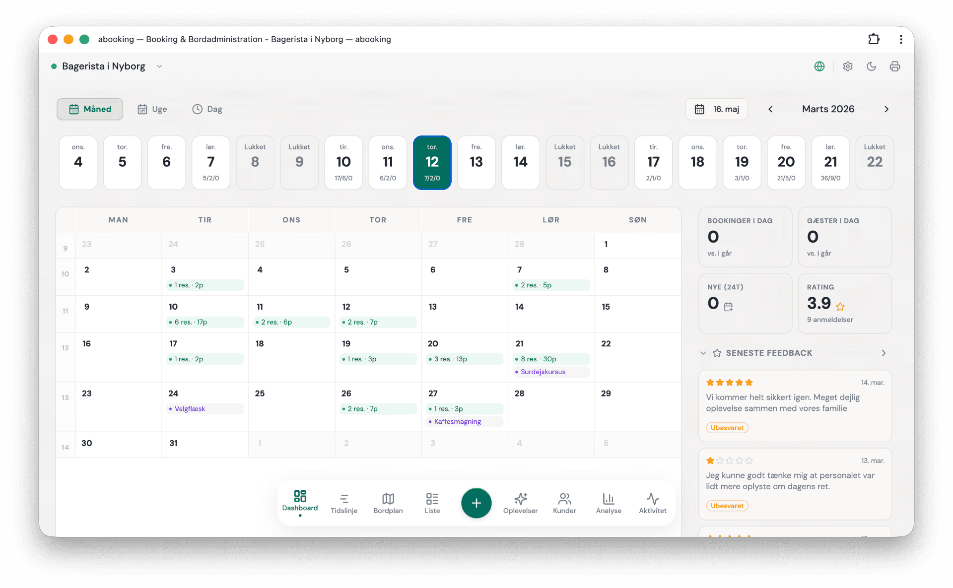 abooking dashboard med månedskalender, KPI-kort og seneste feedback